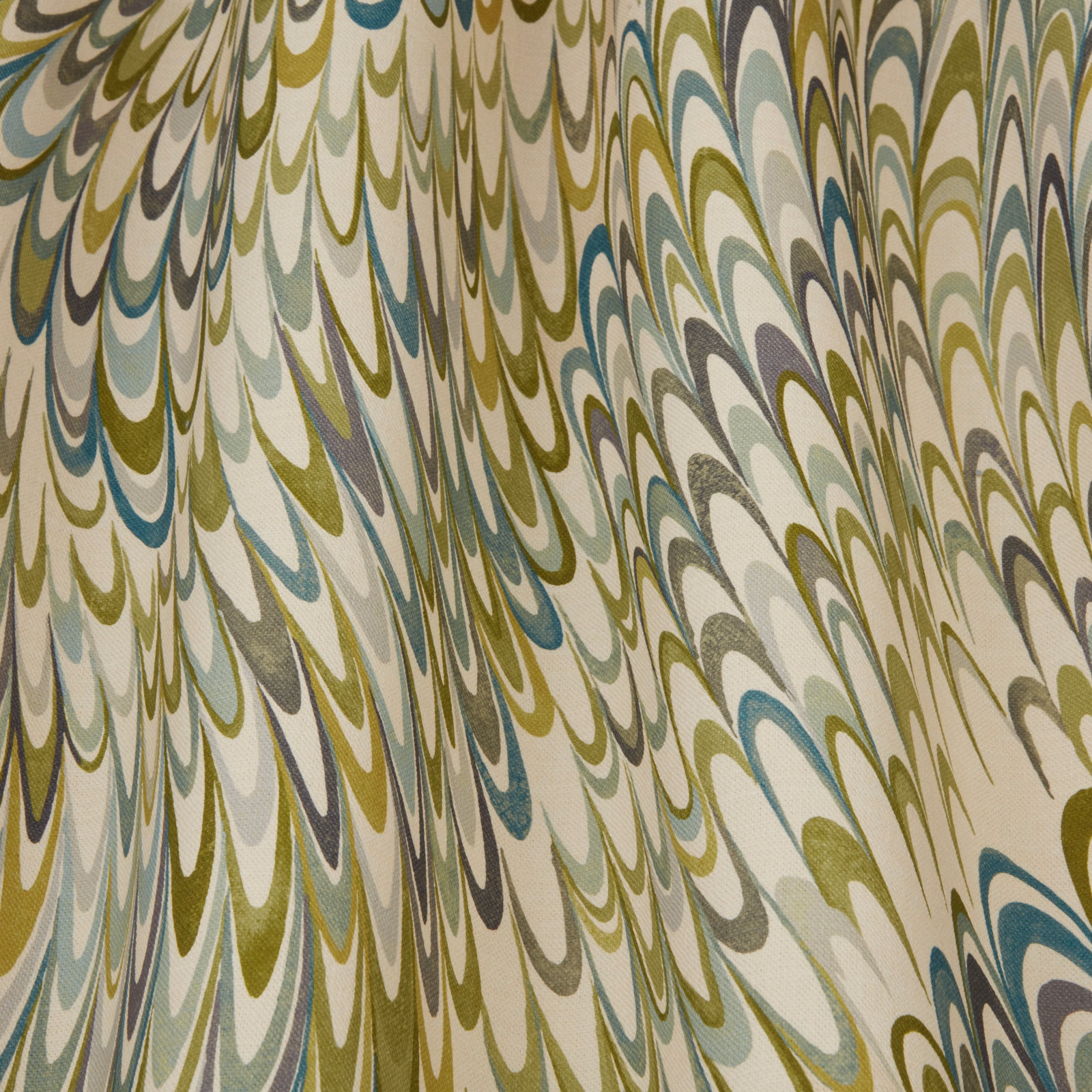 Abstract wavy fabric swatch in moss green, teal, grey and cream