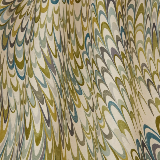 Abstract wavy fabric swatch in moss green, teal, grey and cream