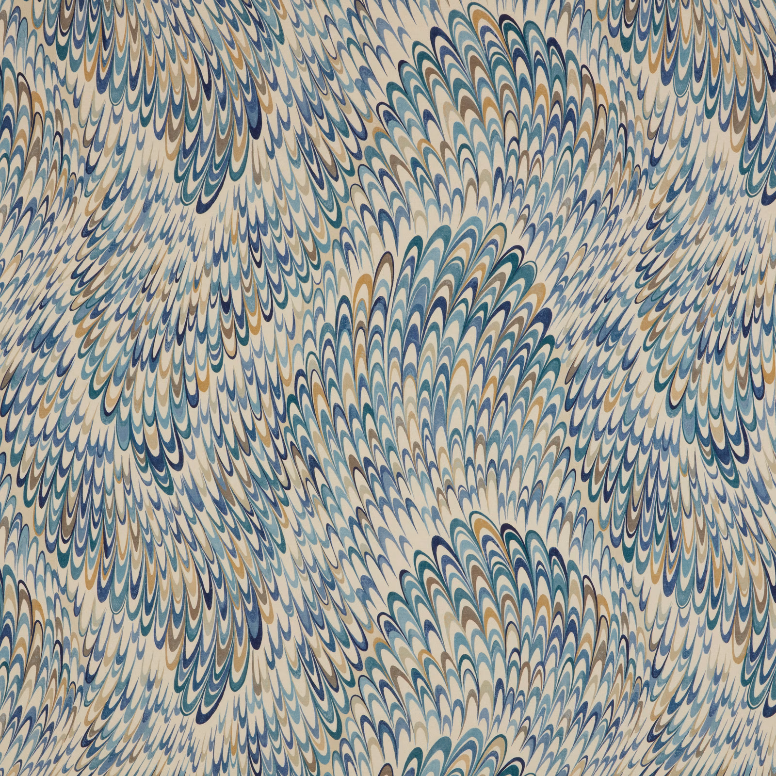 Feathered sapphire, teal and ivory abstract fabric with a flowing large-scale repeat