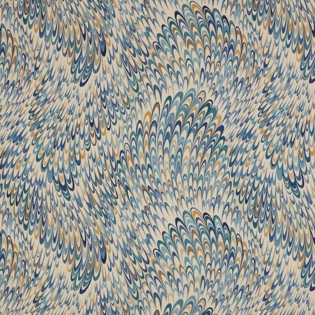 Feathered sapphire, teal and ivory abstract fabric with a flowing large-scale repeat