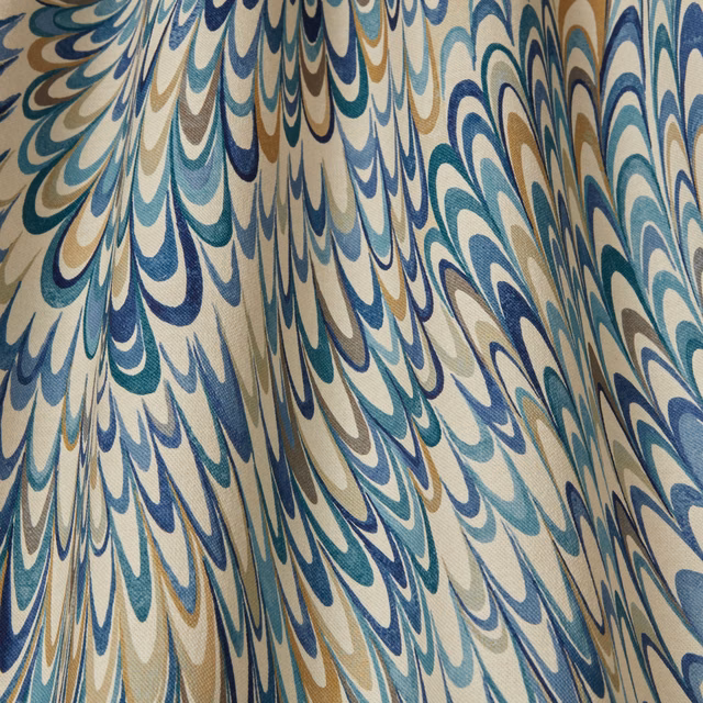 Abstract wavy fabric in sapphire, teal, cream and beige