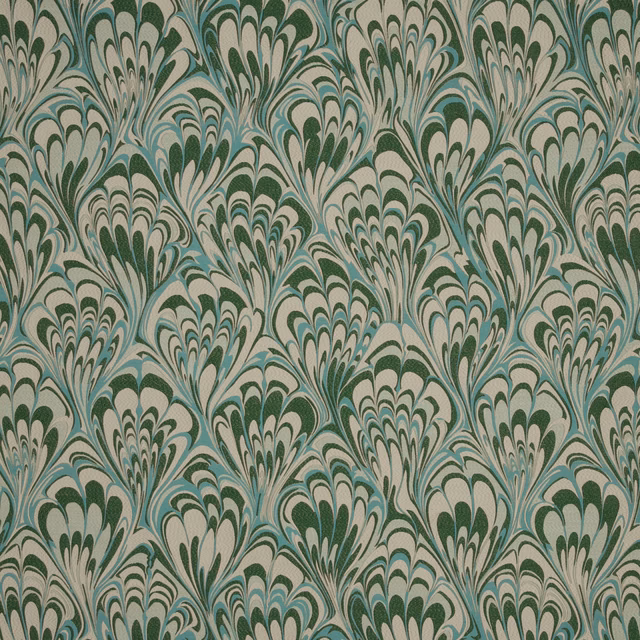 Emerald and aqua feathered floral fabric on a pale cream ground