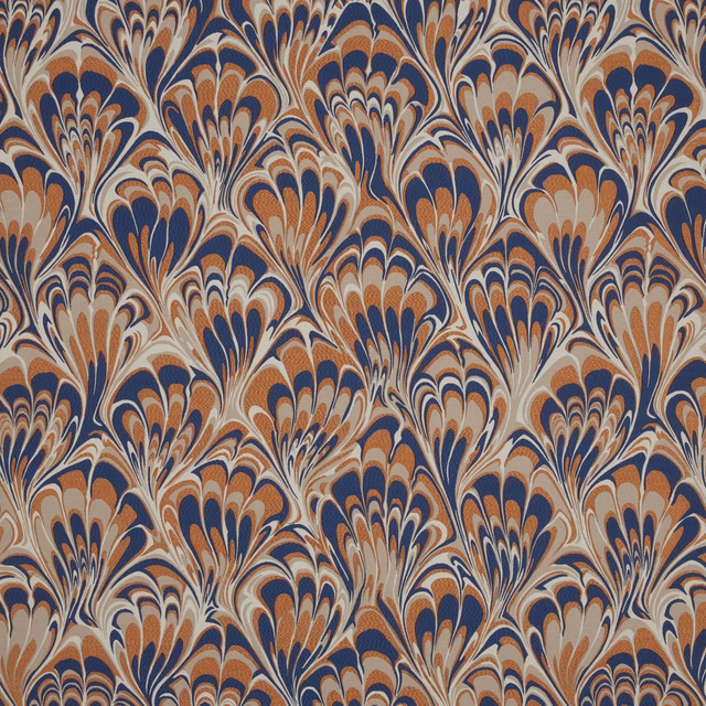Large feathered floral fabric in navy, terracotta and cream on a pale ground