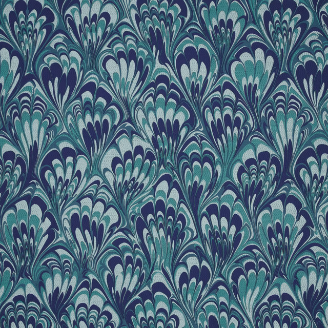 Sapphire blue and teal feathered floral fabric with large woven repeat