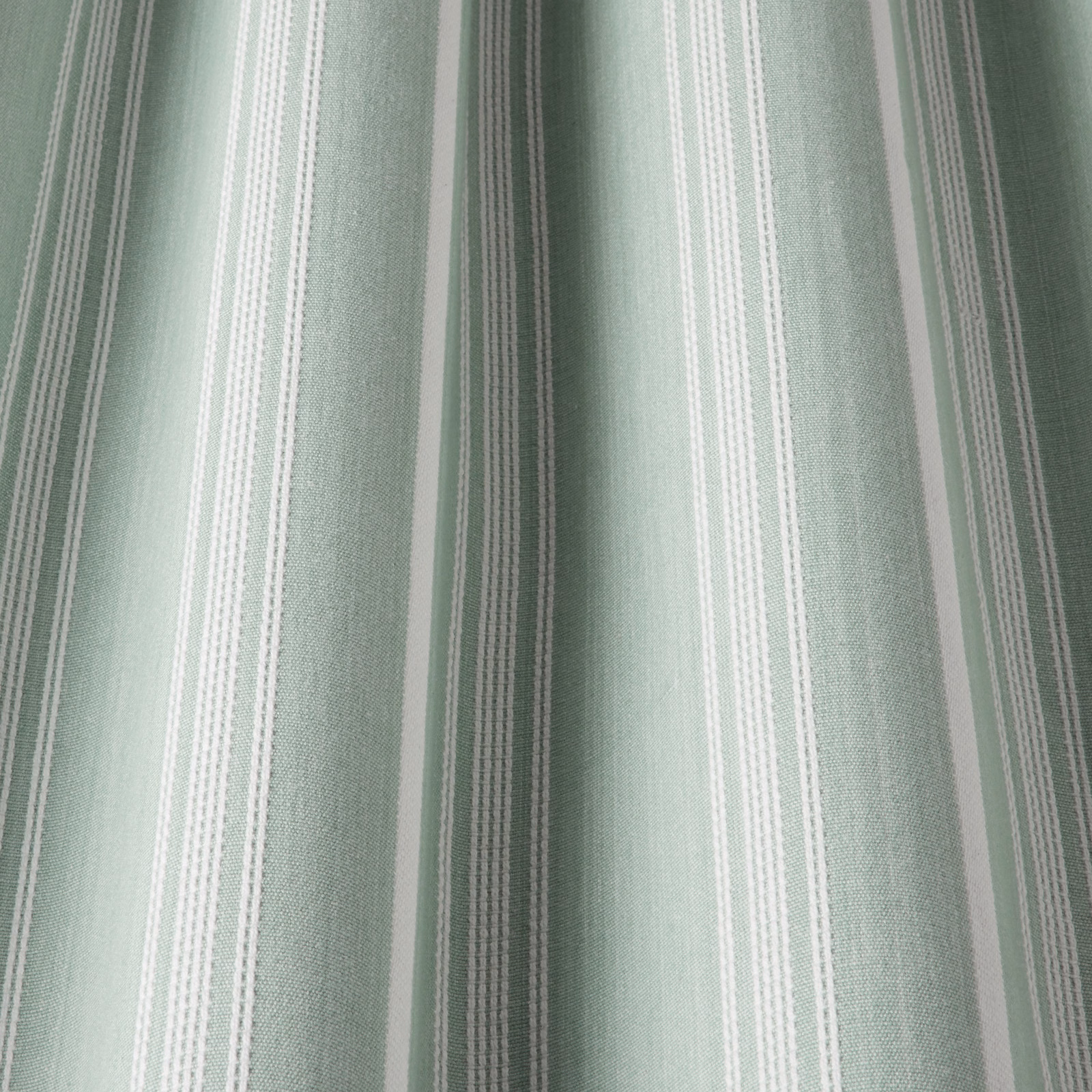 Soft seafoam green striped cotton fabric with pale white and grey-green bands