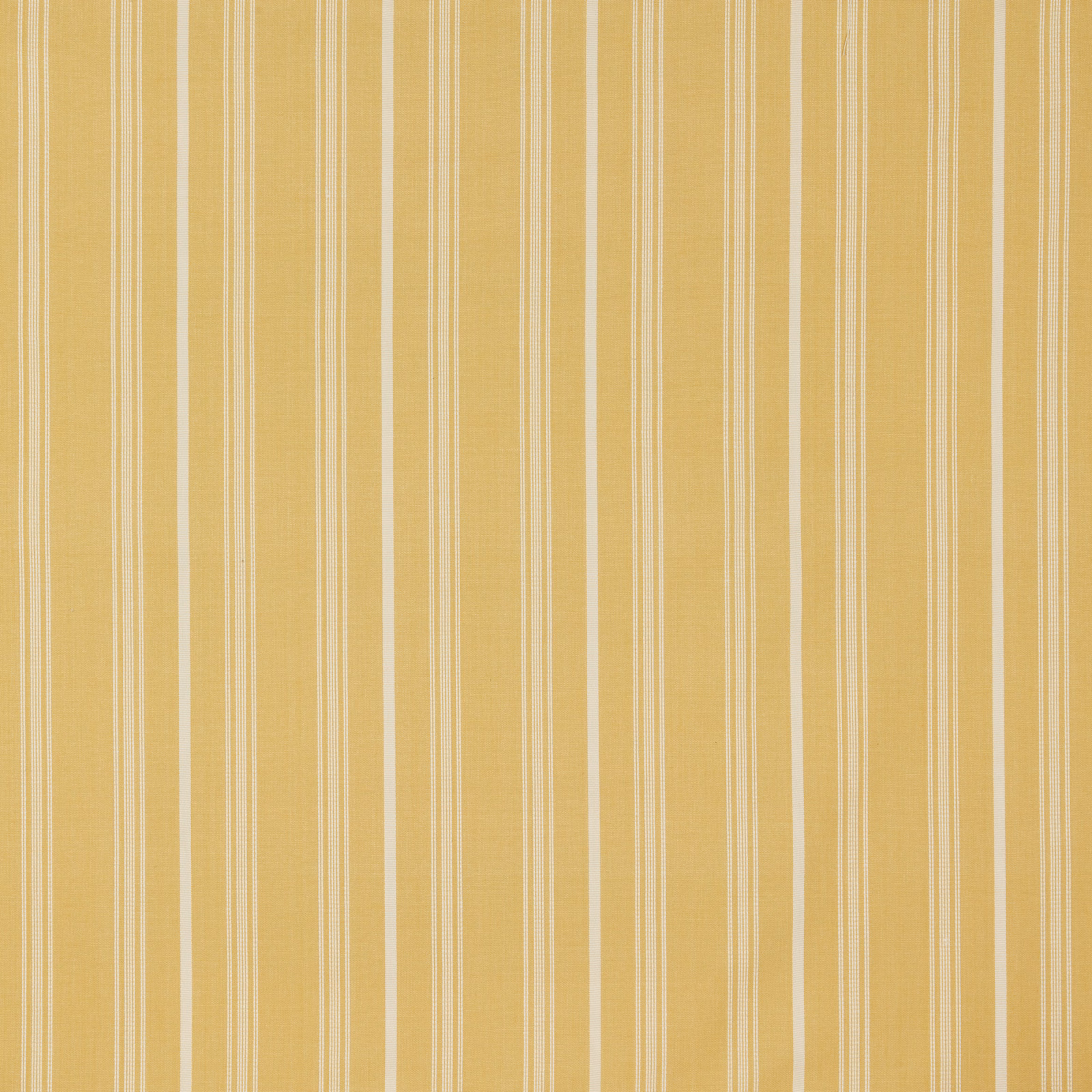 Barley-yellow cotton fabric with narrow cream vertical stripes and fine weave