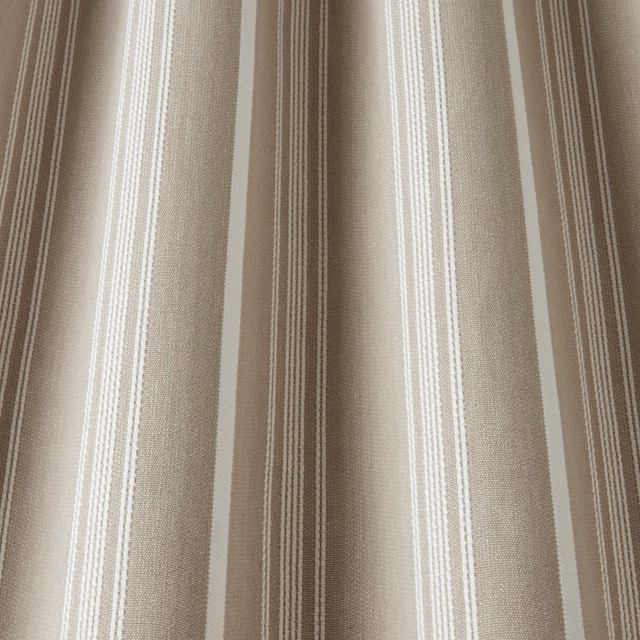 Beige cotton stripe fabric with cream vertical bands and fine woven texture