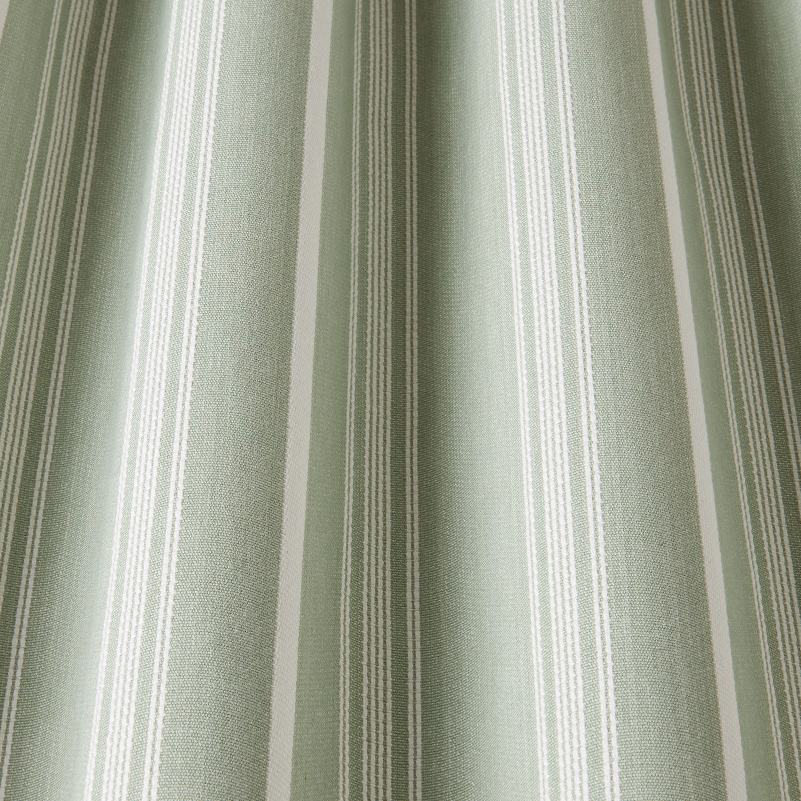 Soft mint green cotton fabric with narrow white vertical stripes and woven texture