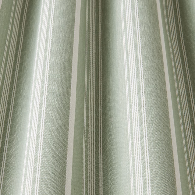 Soft mint green cotton fabric with narrow white vertical stripes and woven texture