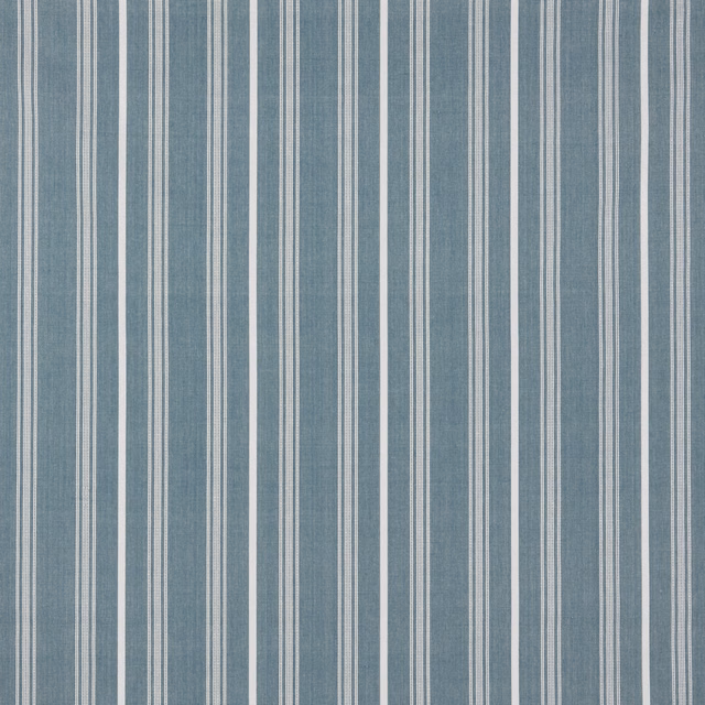 Blue-grey cotton fabric with narrow ivory vertical stripes and fine woven texture