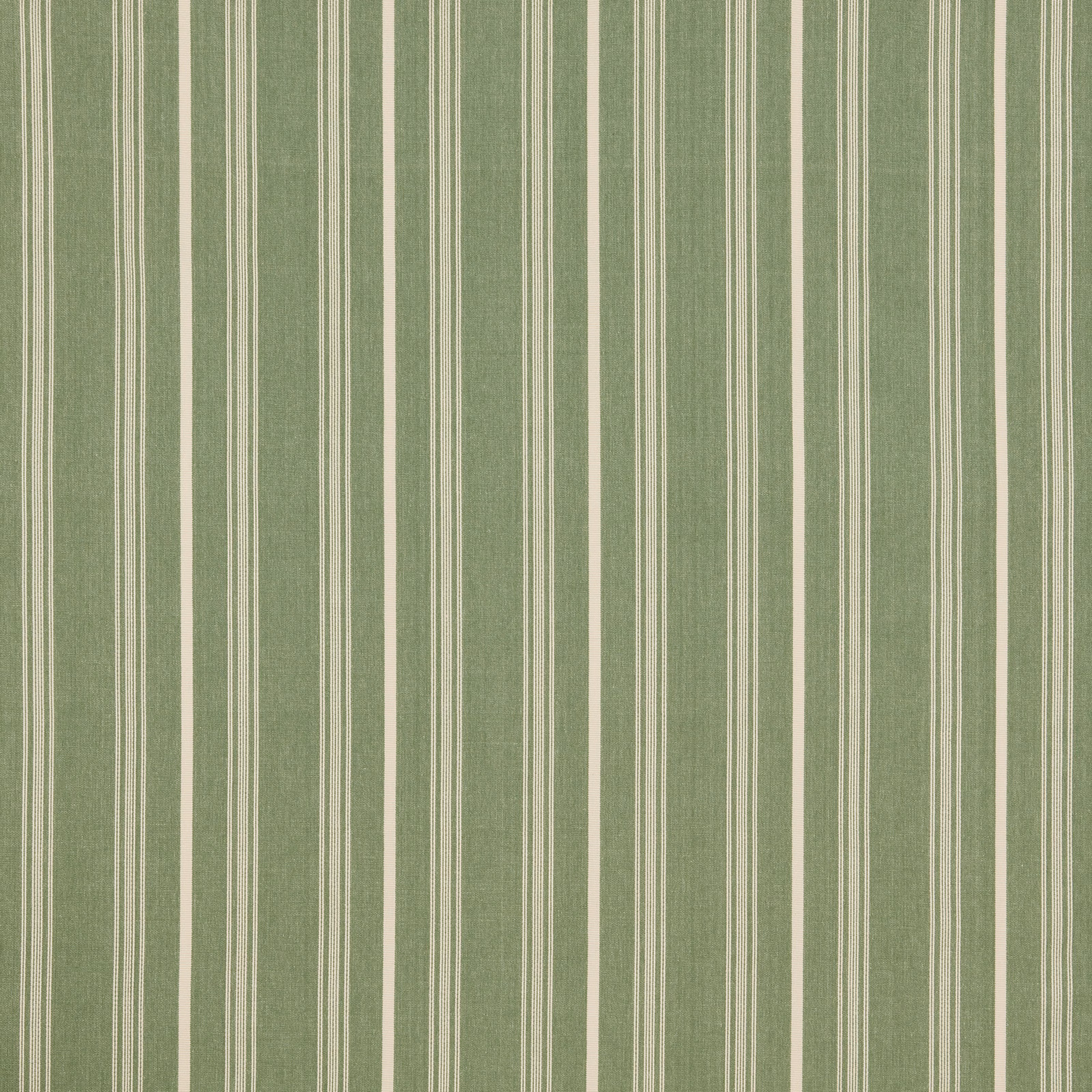 Vertical thyme-green and cream striped cotton fabric with fine pinstripe detailing