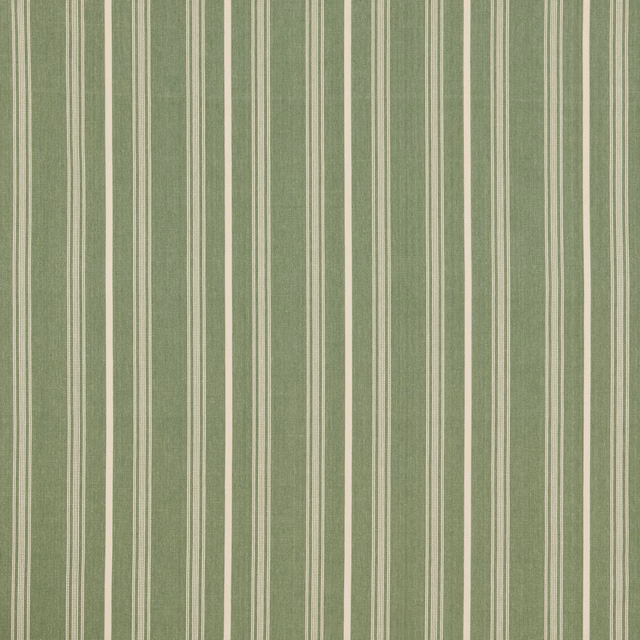 Vertical thyme-green and cream striped cotton fabric with fine pinstripe detailing