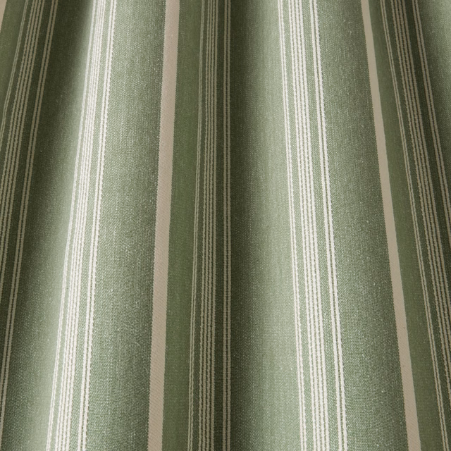 Soft sage-green cotton fabric with cream vertical stripes and visible woven texture