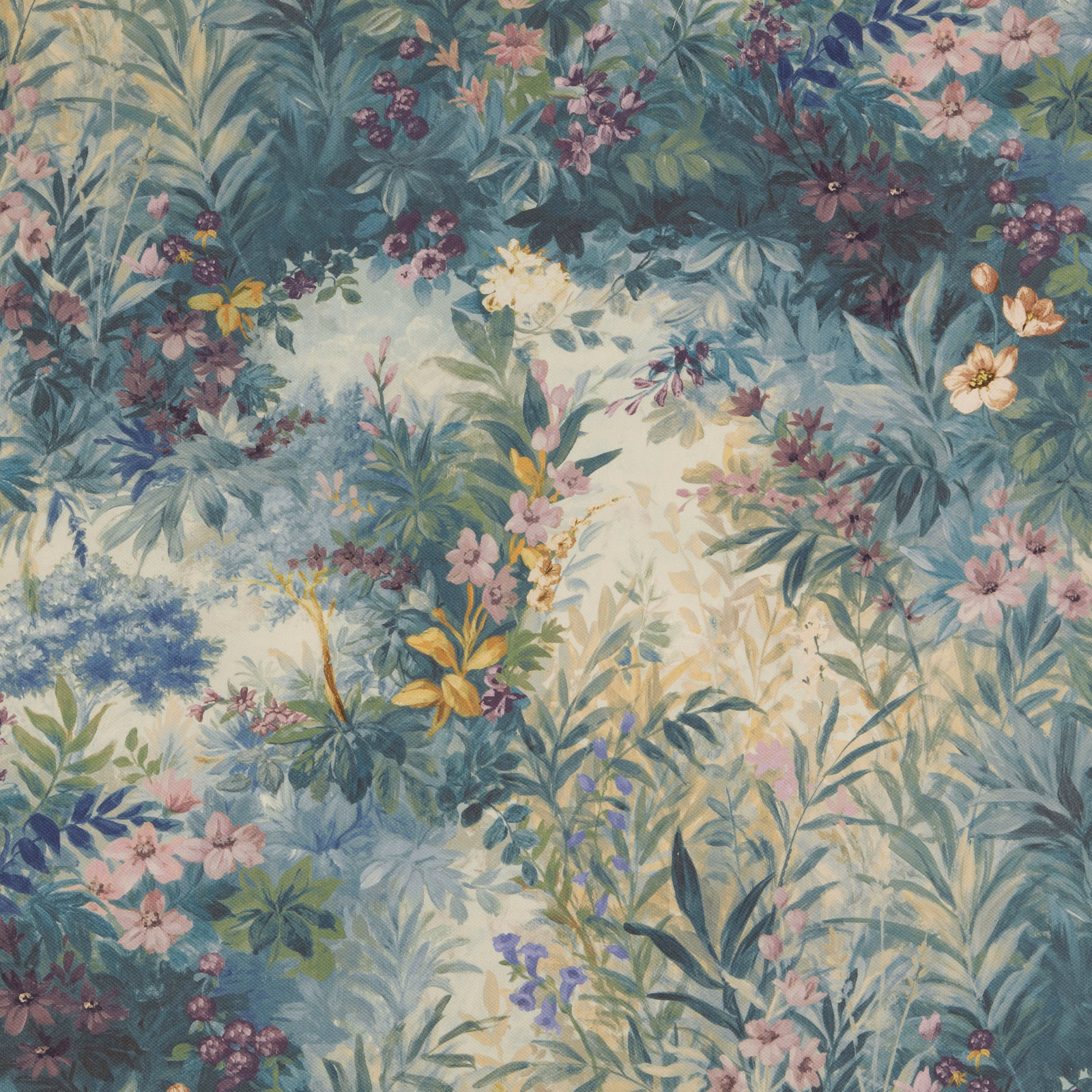 Painterly floral cotton fabric in soft cornflower blue with blush and sage blooms
