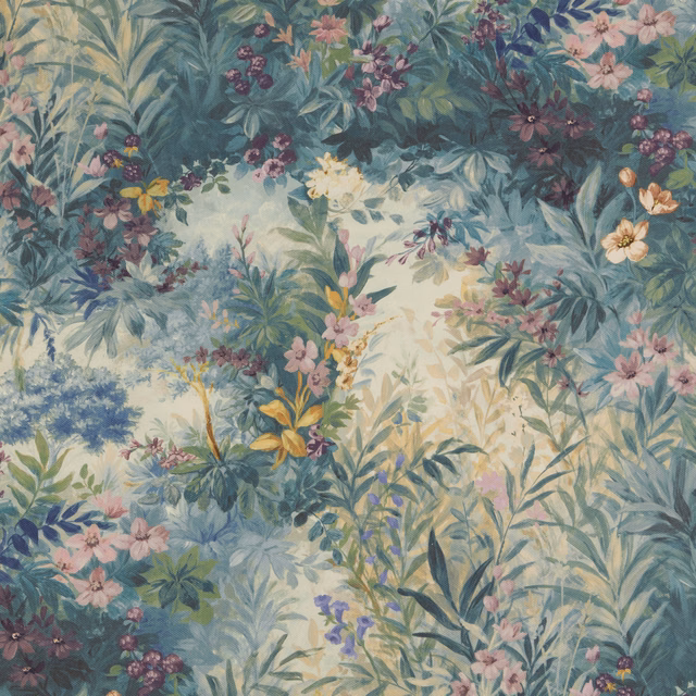 Painterly floral cotton fabric in soft cornflower blue with blush and sage blooms