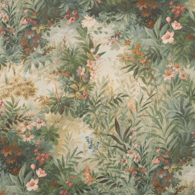 Painterly forest green botanical cotton with blush flowers on a pale ground
