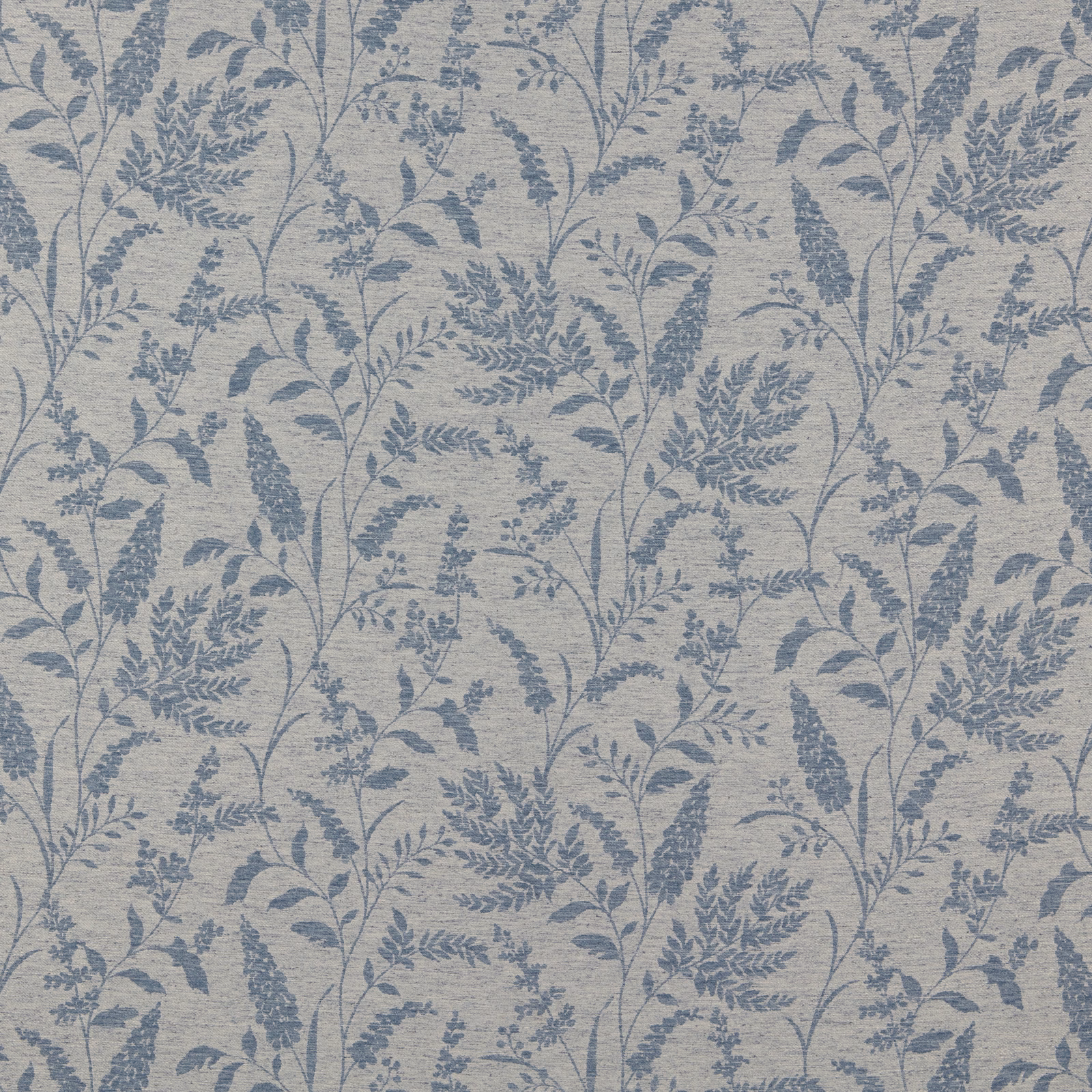 Soft cornflower blue floral trail on a pale cotton ground