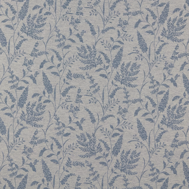 Soft cornflower blue floral trail on a pale cotton ground