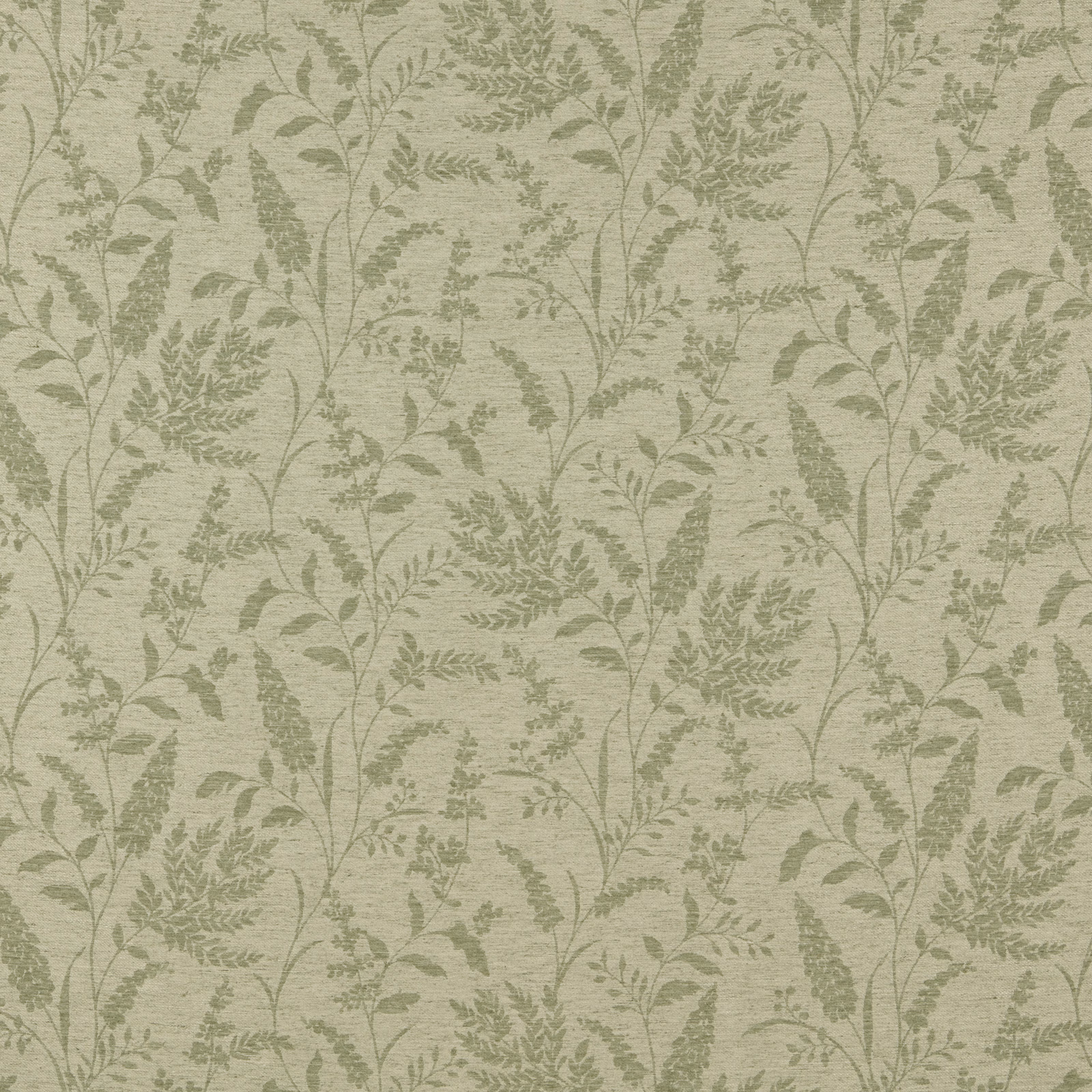 Sage green botanical cotton fabric with trailing leaf pattern and soft slub texture