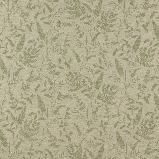 Sage green botanical cotton fabric with trailing leaf pattern and soft slub texture