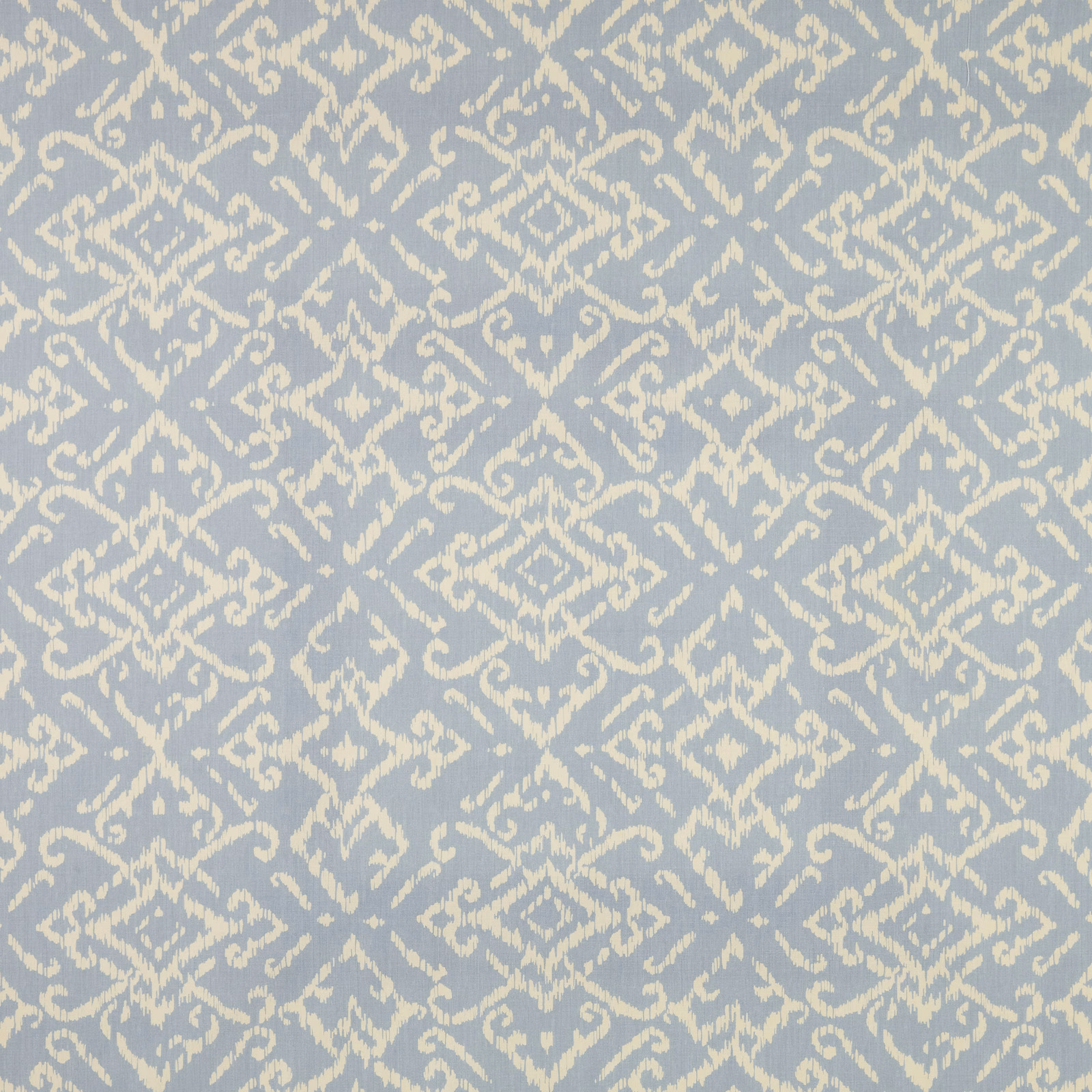 Pale blue cotton fabric with cream lattice damask pattern