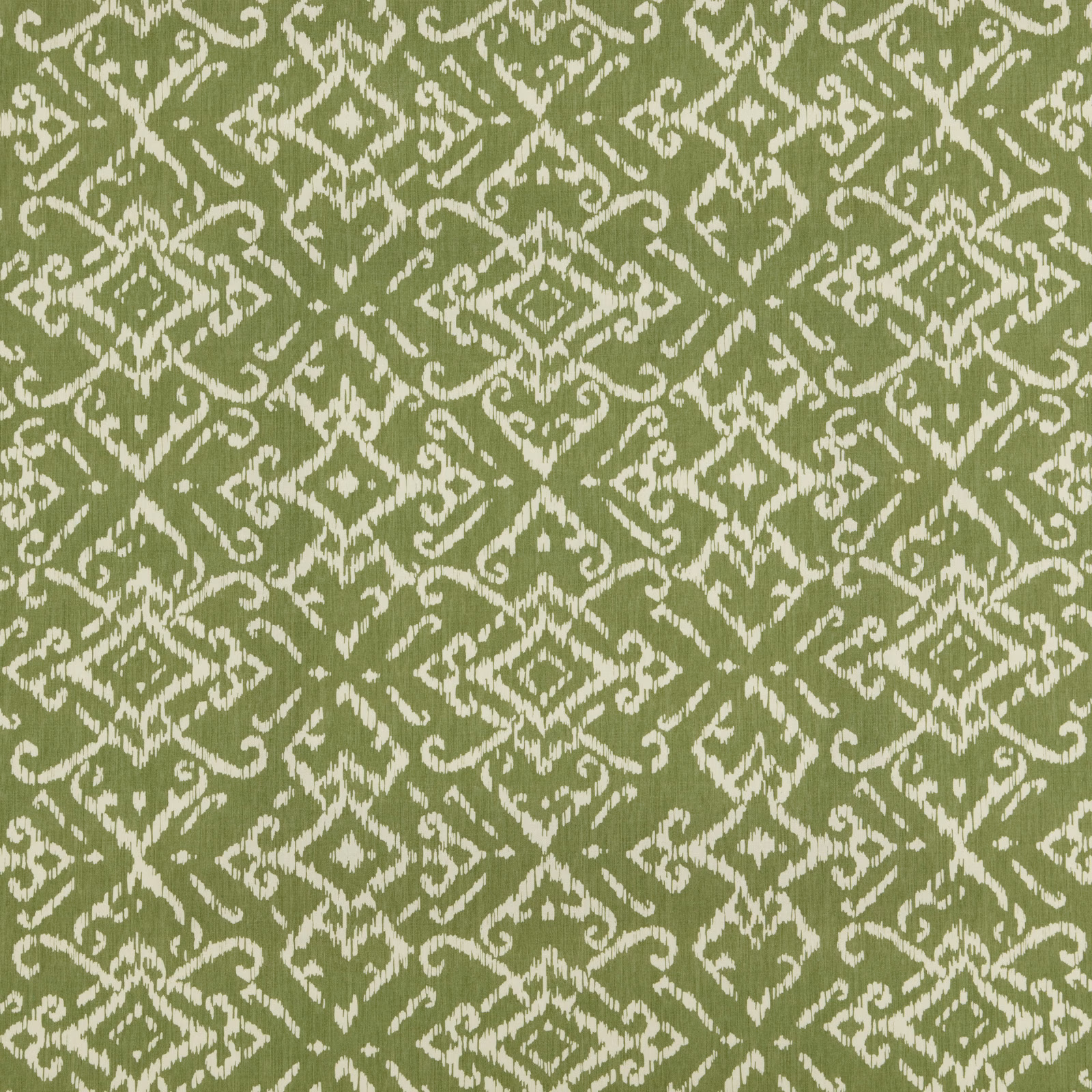 Thyme green cotton fabric with ivory lattice and scrolling geometric pattern