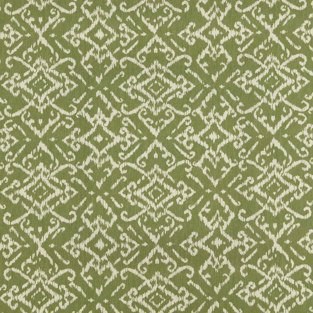Thyme green cotton fabric with ivory lattice and scrolling geometric pattern