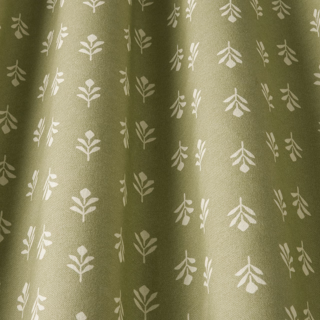 Olive fennel cotton fabric with small white botanical sprig print