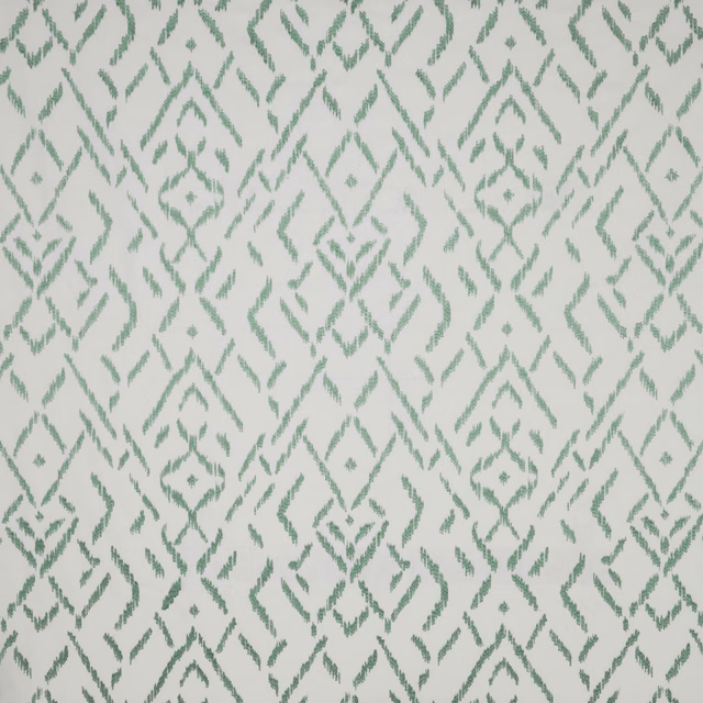 Sage green geometric cotton fabric on an ivory ground, repeating diamond motif