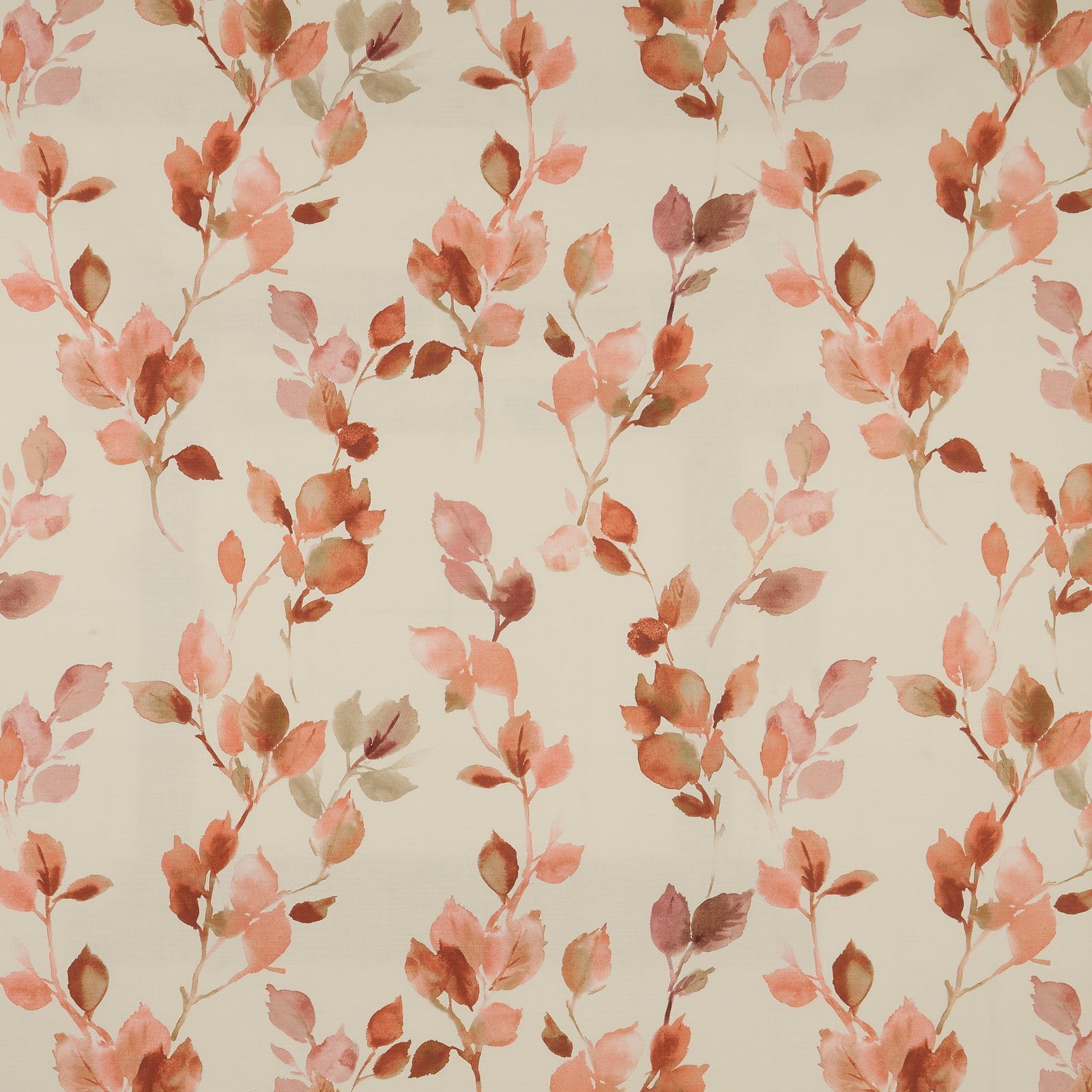 Cream cotton fabric with scattered blush and coral botanical sprigs