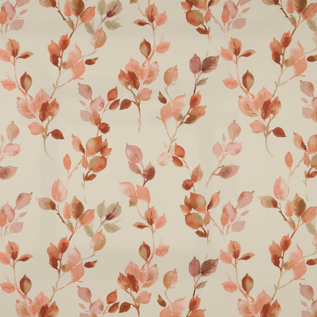 Cream cotton fabric with scattered blush and coral botanical sprigs