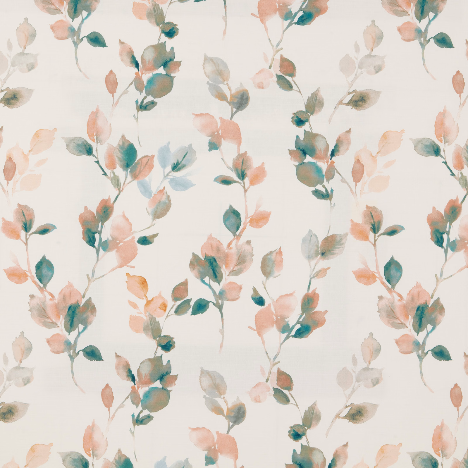 Soft coral and teal watercolour leaf branches on an ivory cotton ground