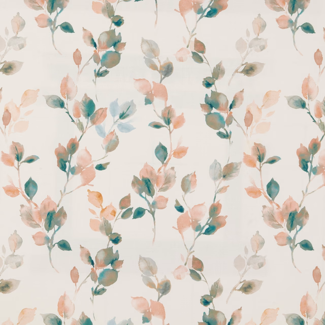 Soft coral and teal watercolour leaf branches on an ivory cotton ground