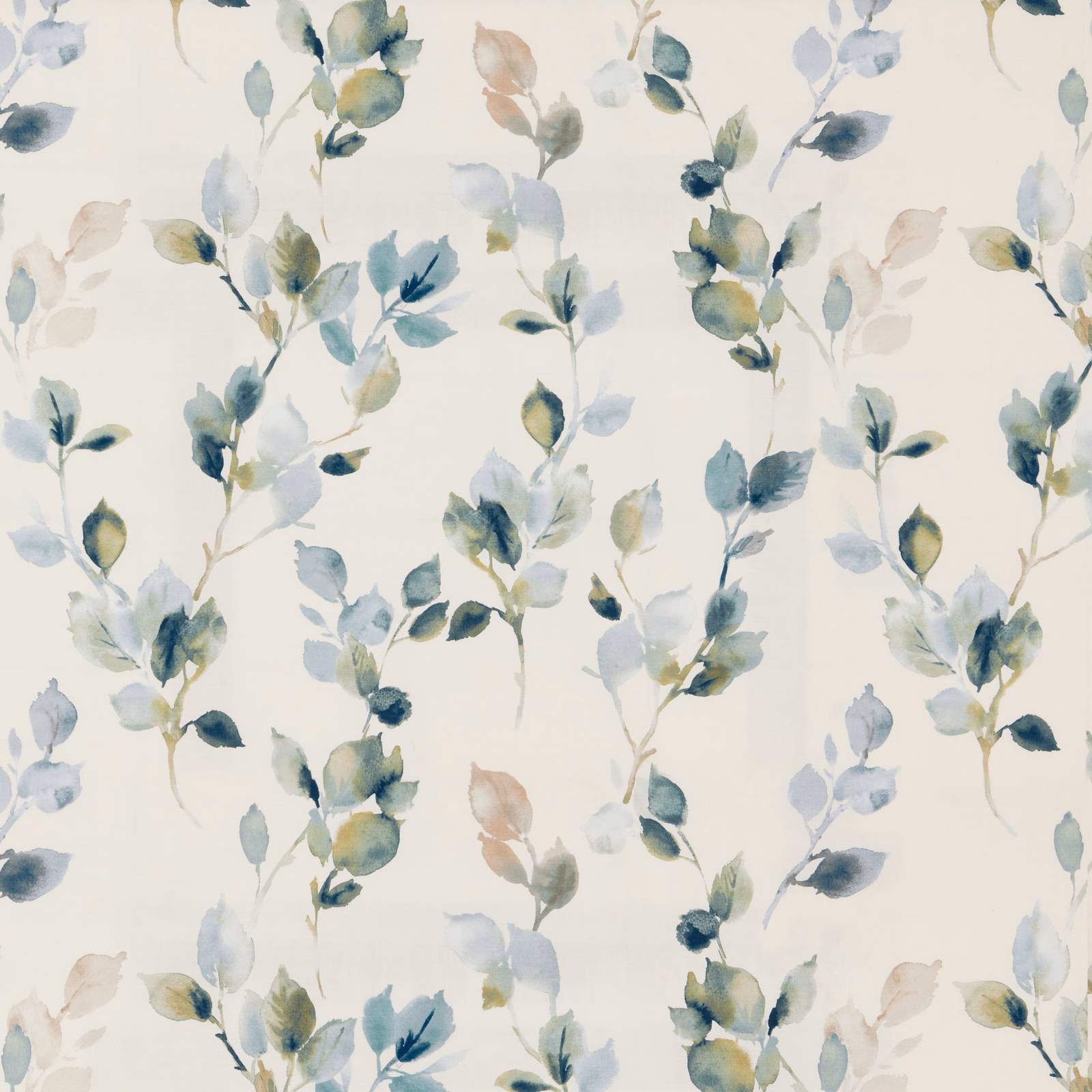 Watercolour botanical sprigs in soft blue, sage and ivory on a cream ground