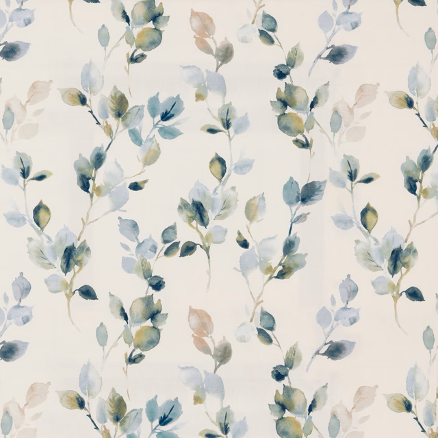 Watercolour botanical sprigs in soft blue, sage and ivory on a cream ground
