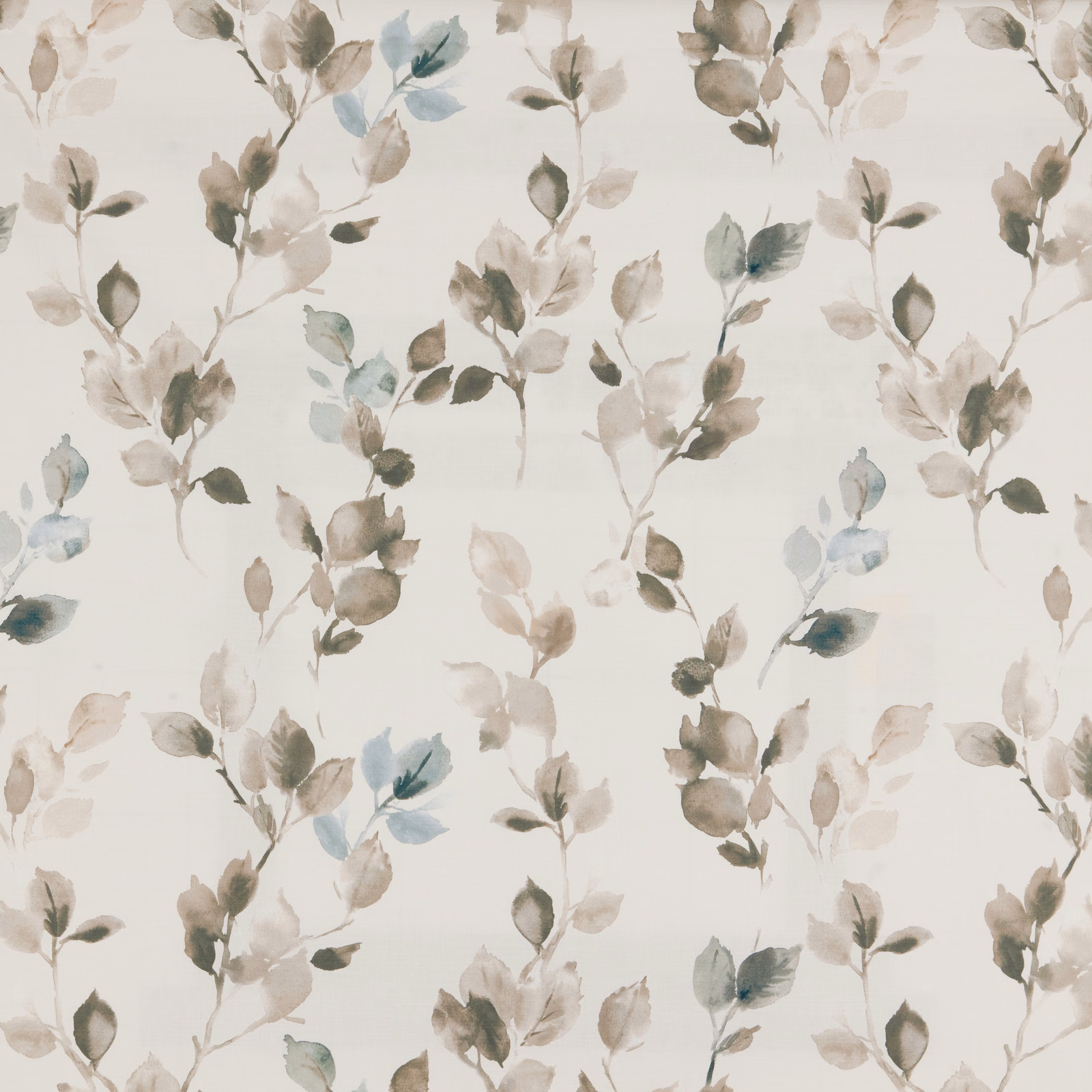Watercolour leaf trail on cream cotton with soft sky-blue and sage accents