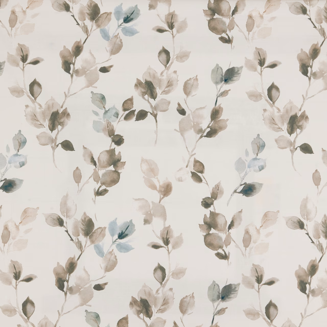 Watercolour leaf trail on cream cotton with soft sky-blue and sage accents