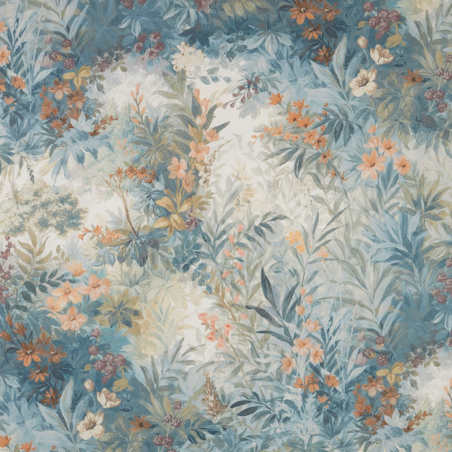 Large botanical cotton print in soft sky blue with peach flowers and leafy foliage