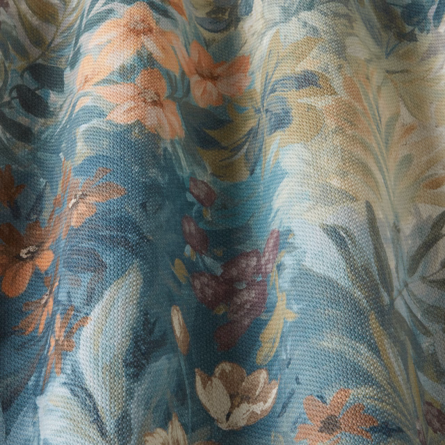 Teal-blue floral cotton fabric with peach and cream painterly blooms