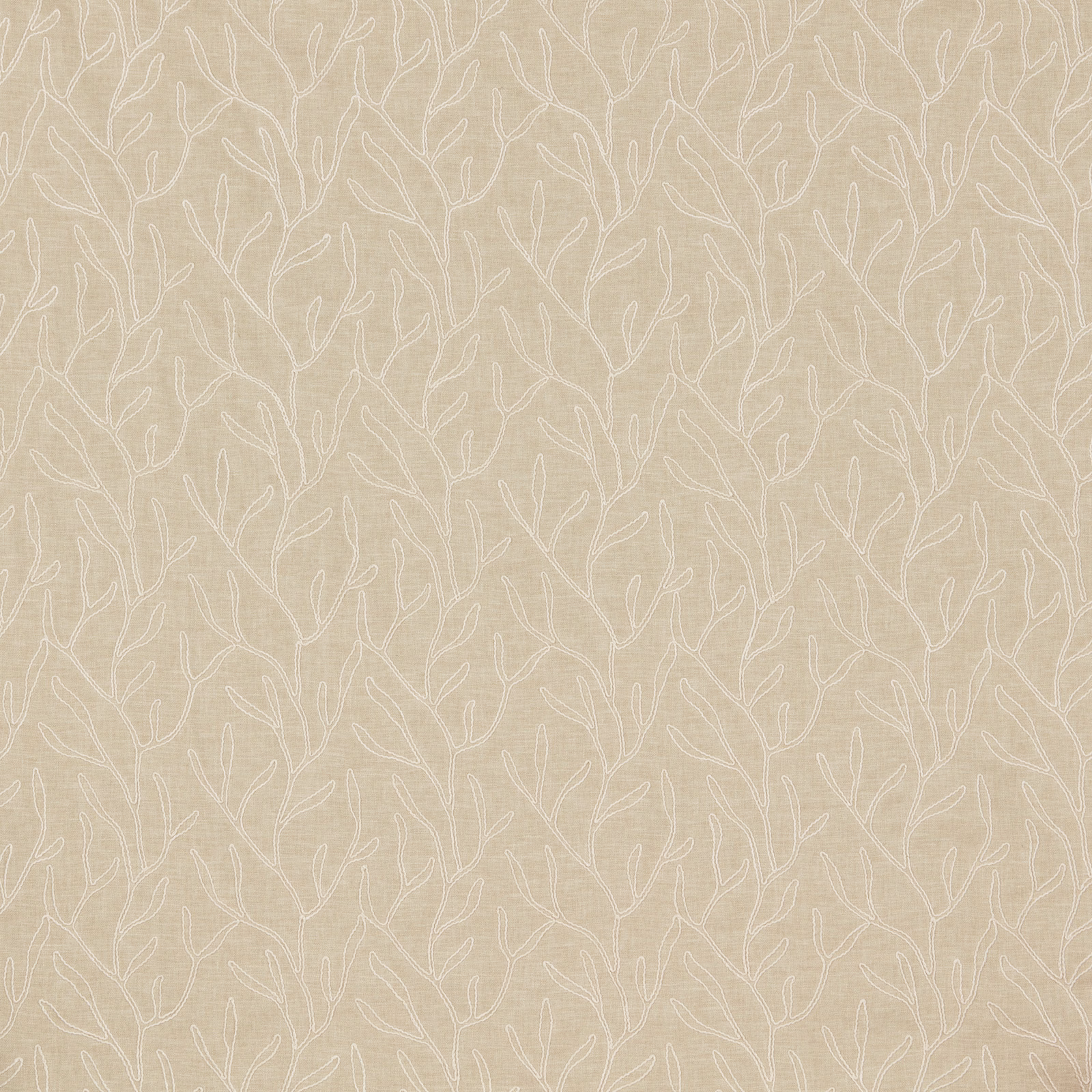 Cream cotton fabric with a fine white twig and leaf repeat