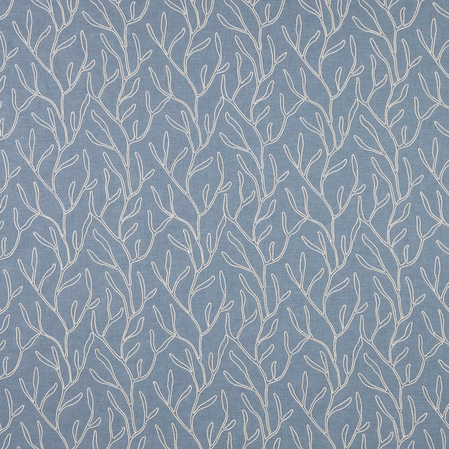 Sky blue cotton fabric with cream twig botanical trail pattern