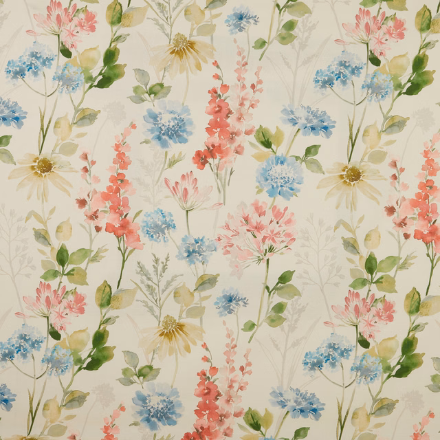 Painterly floral cotton chintz on a soft cream ground with pastel blue, pink and green blooms