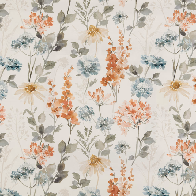 Painterly floral cotton fabric with coral, teal and sage blooms on a pale ground