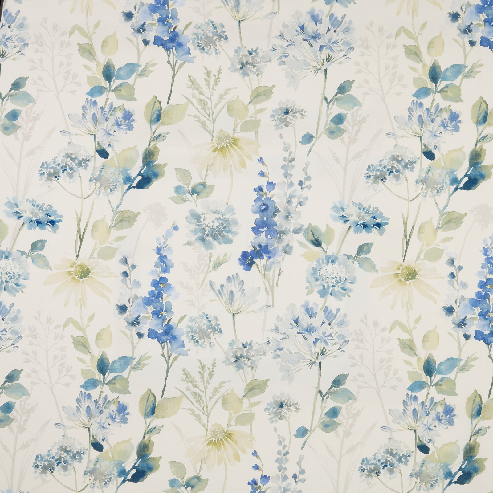 Painterly blue and sage wildflower print on an ivory cotton ground