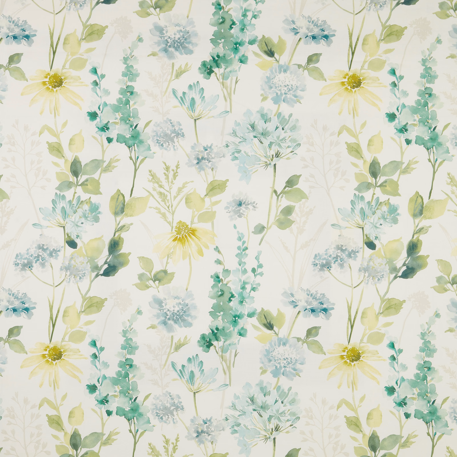 Watercolour wildflower print in sage, aqua and pale yellow on ivory cotton
