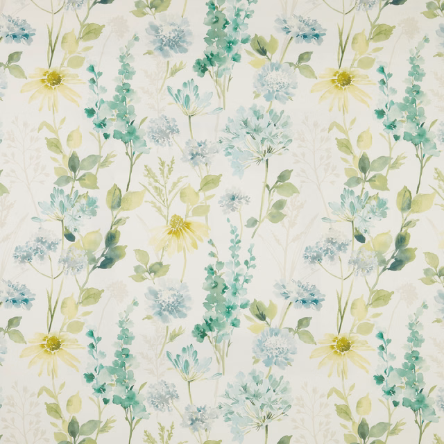 Watercolour wildflower print in sage, aqua and pale yellow on ivory cotton