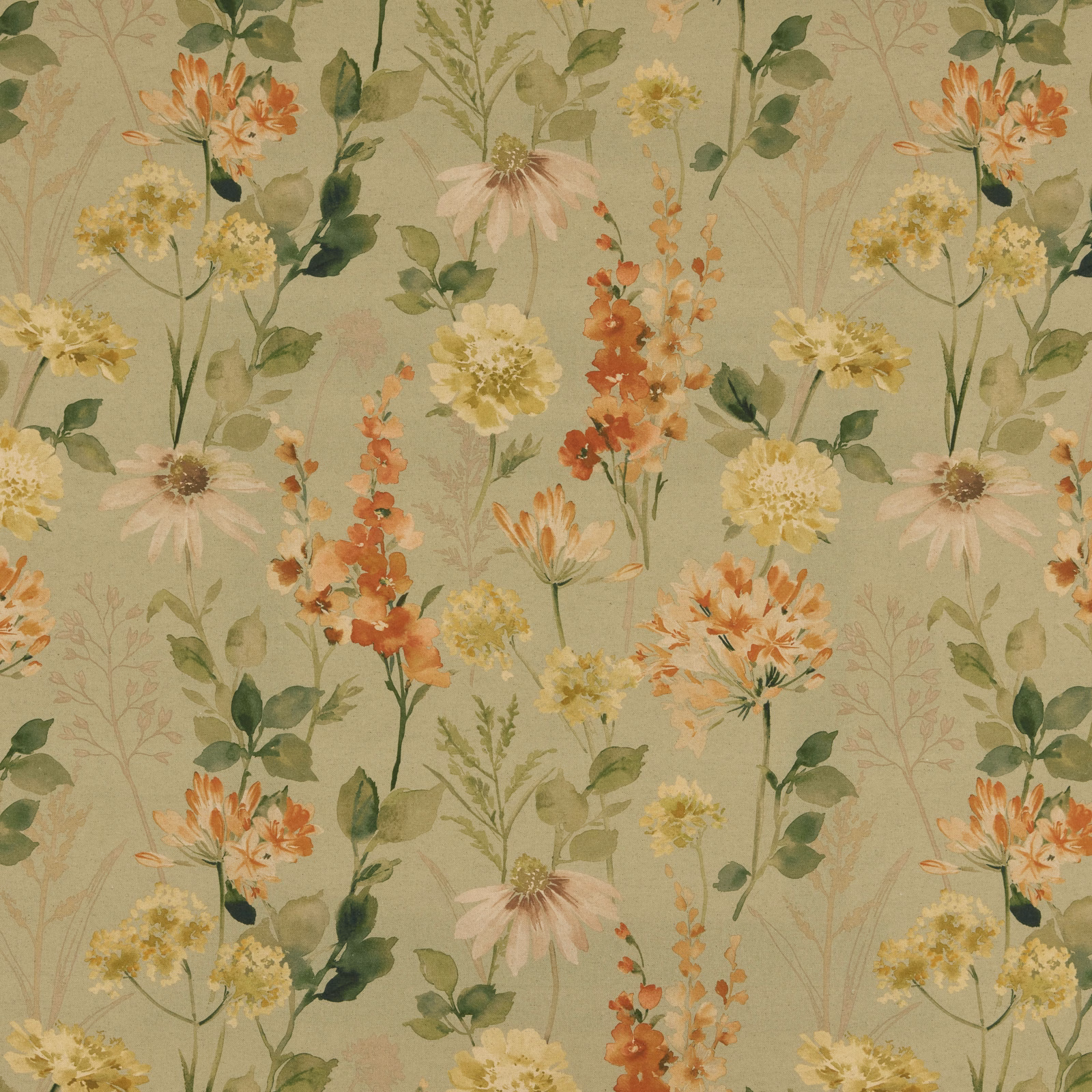 Sage green floral cotton fabric with painterly meadow flowers and leafy stems