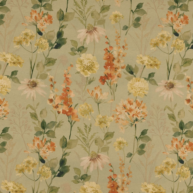 Sage green floral cotton fabric with painterly meadow flowers and leafy stems