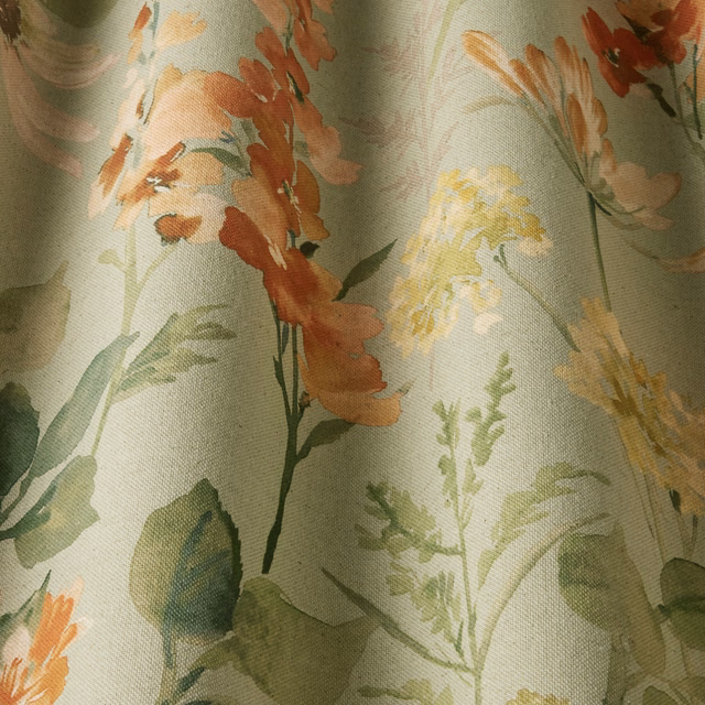 Sage green floral cotton fabric with peach and yellow painterly blooms