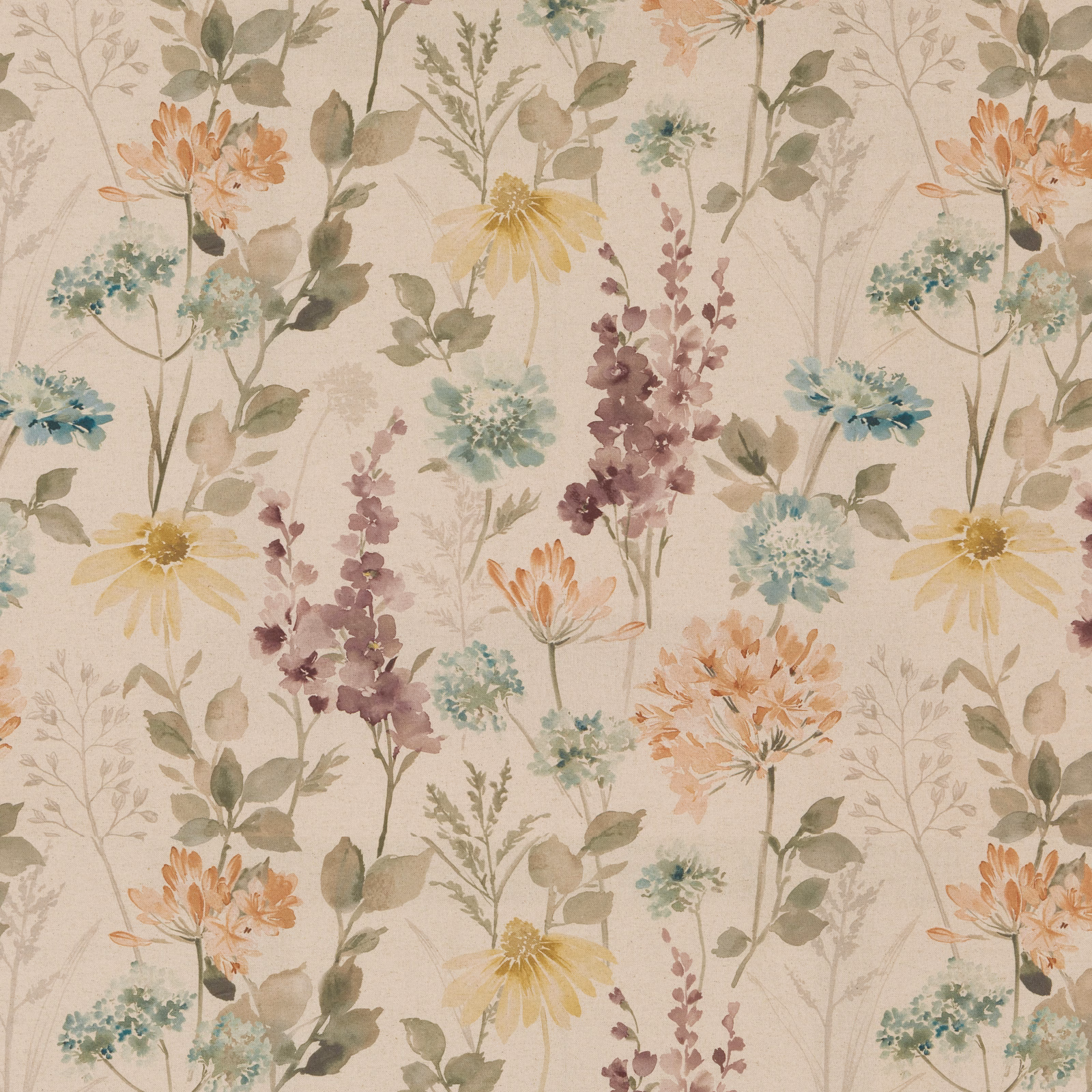 Pastel floral cotton fabric with sky blue, peach, lilac and yellow blooms